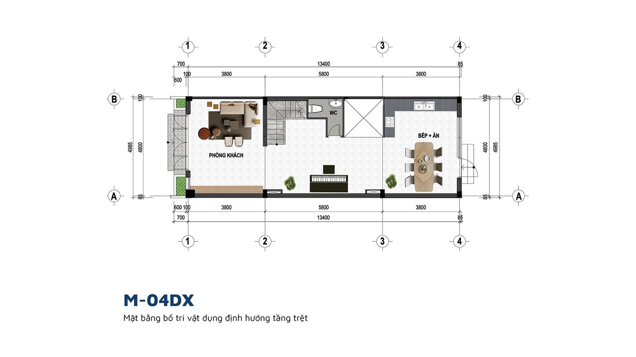 Mặt bằng tầng trệt căn IV 11.01 Nhà phố thấp tầng số 5 - Đông Tăng Long.