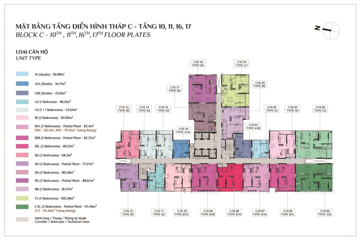 Mặt bằng tầng điển hình tháp c elysian tầng 10,11,16,17