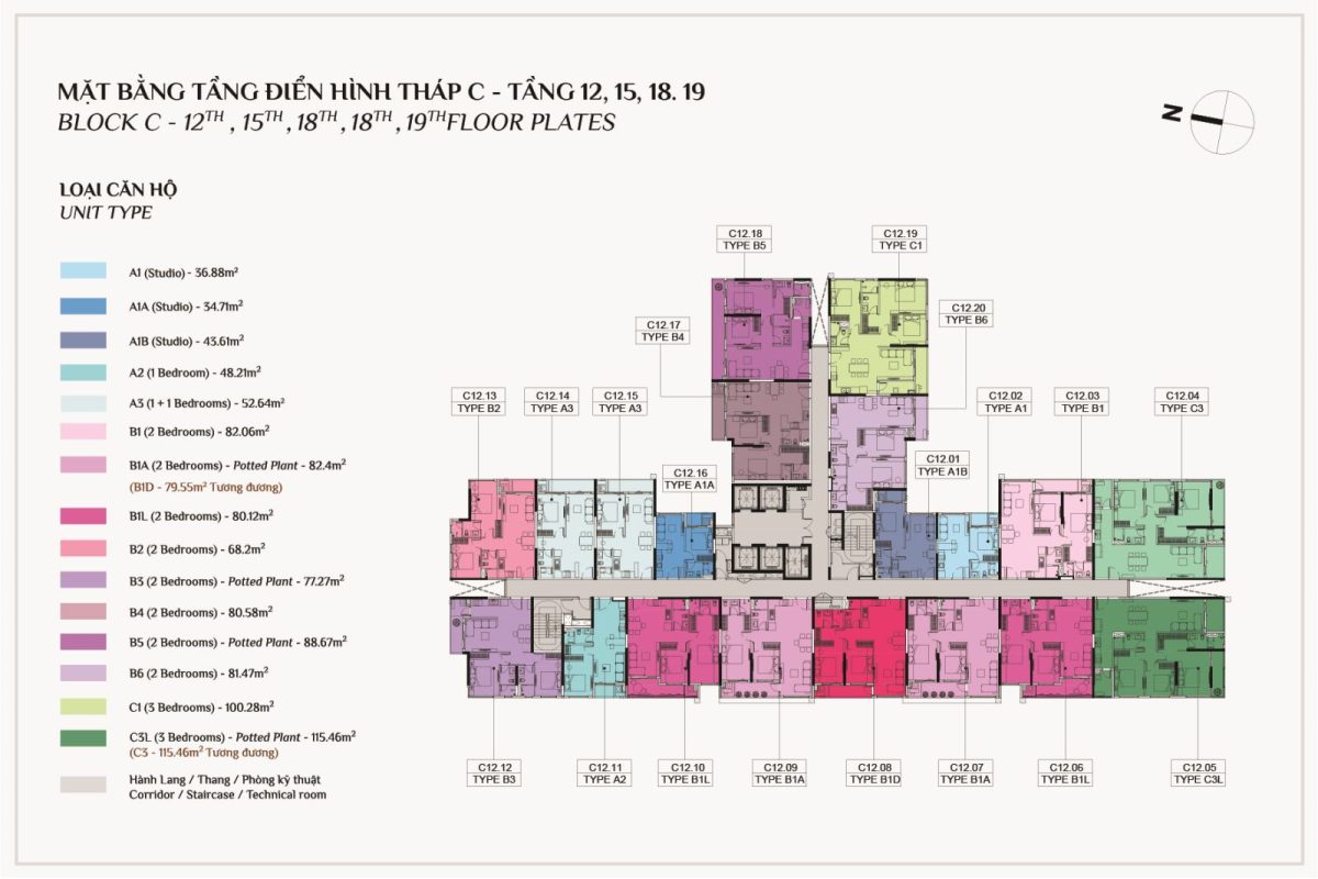 Mặt bằng tầng điển hình tháp c elysian tầng 12,15,18,19