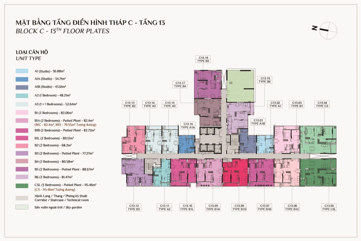 Mặt bằng tầng điển hình tháp c elysian tầng 13