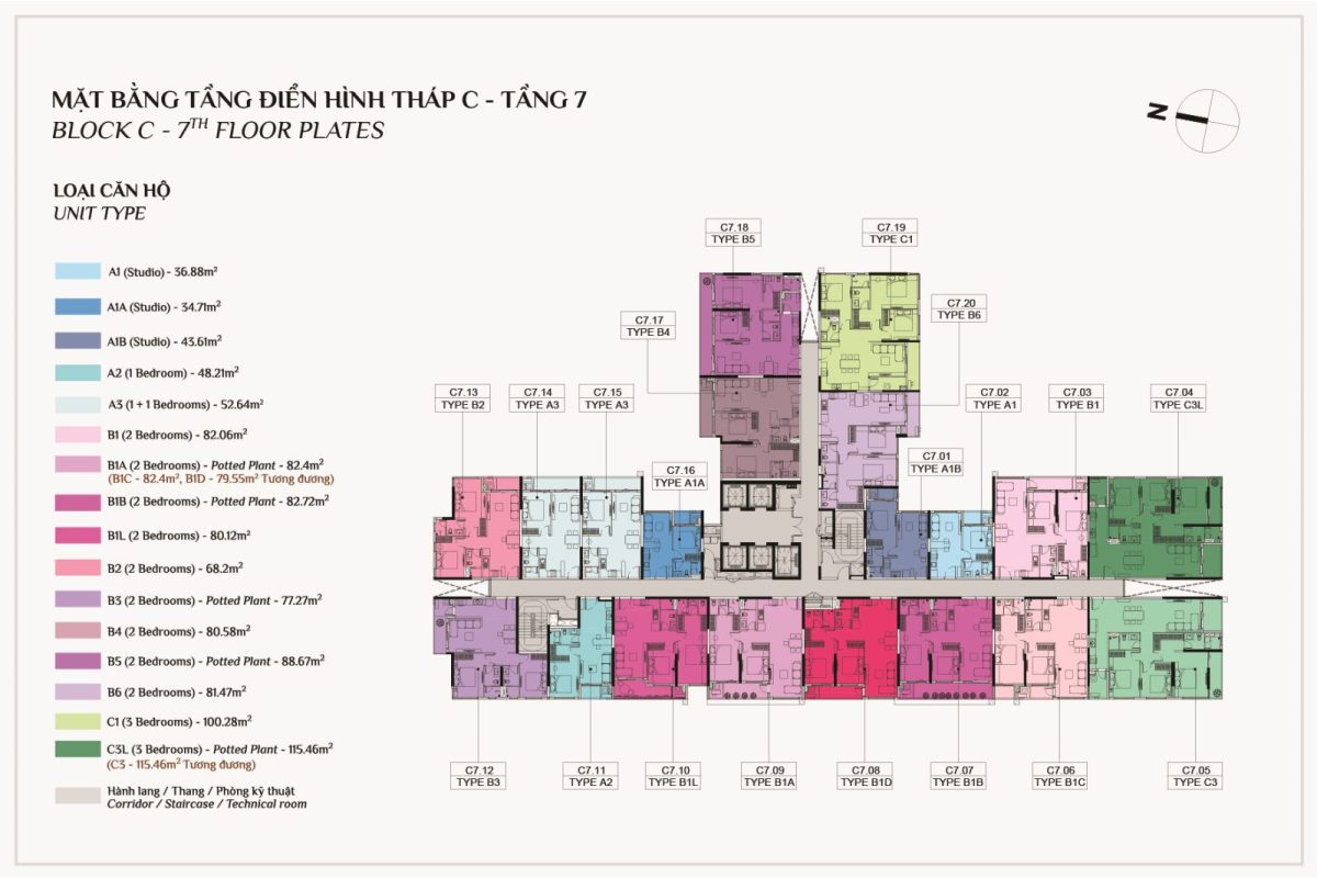 Mặt bằng tầng điển hình tháp c elysian tầng 7