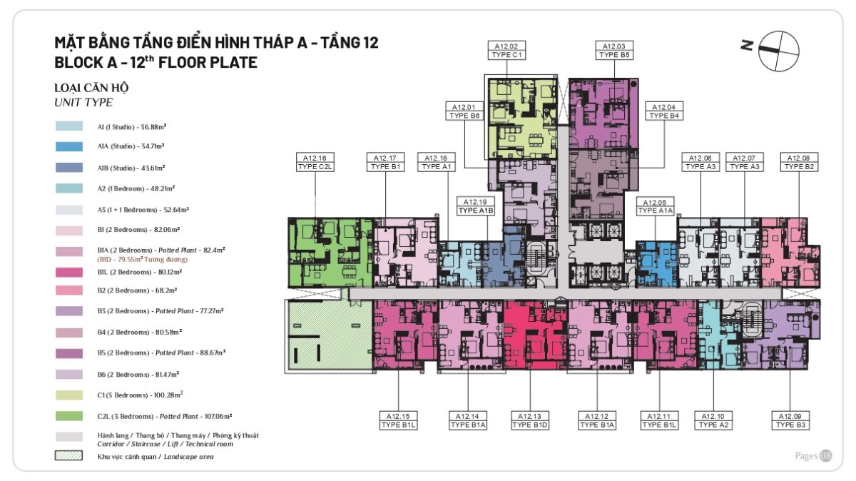 Mặt bằng căn hộ Elysian tầng 12 của Block A