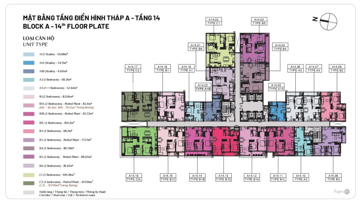 Mặt bằng căn hộ Elysian tầng 14 của Block A