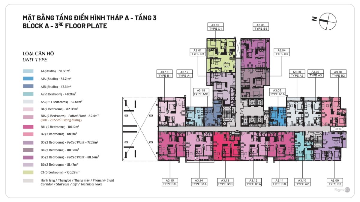 Mặt bằng căn hộ Elysian tầng 3 của Block A